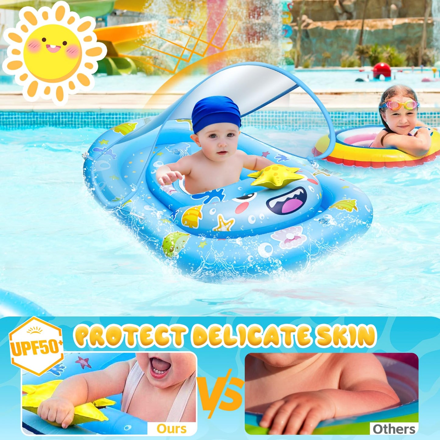 SKINFRND Baby Float with Canopy- UPF50+ Sun Protection Baby Pool Float，Inflatable Kids Pool Float with Adjustable Safety Seat for 6-36 Months Kids Swimming,with Marine Animal Floating Toys