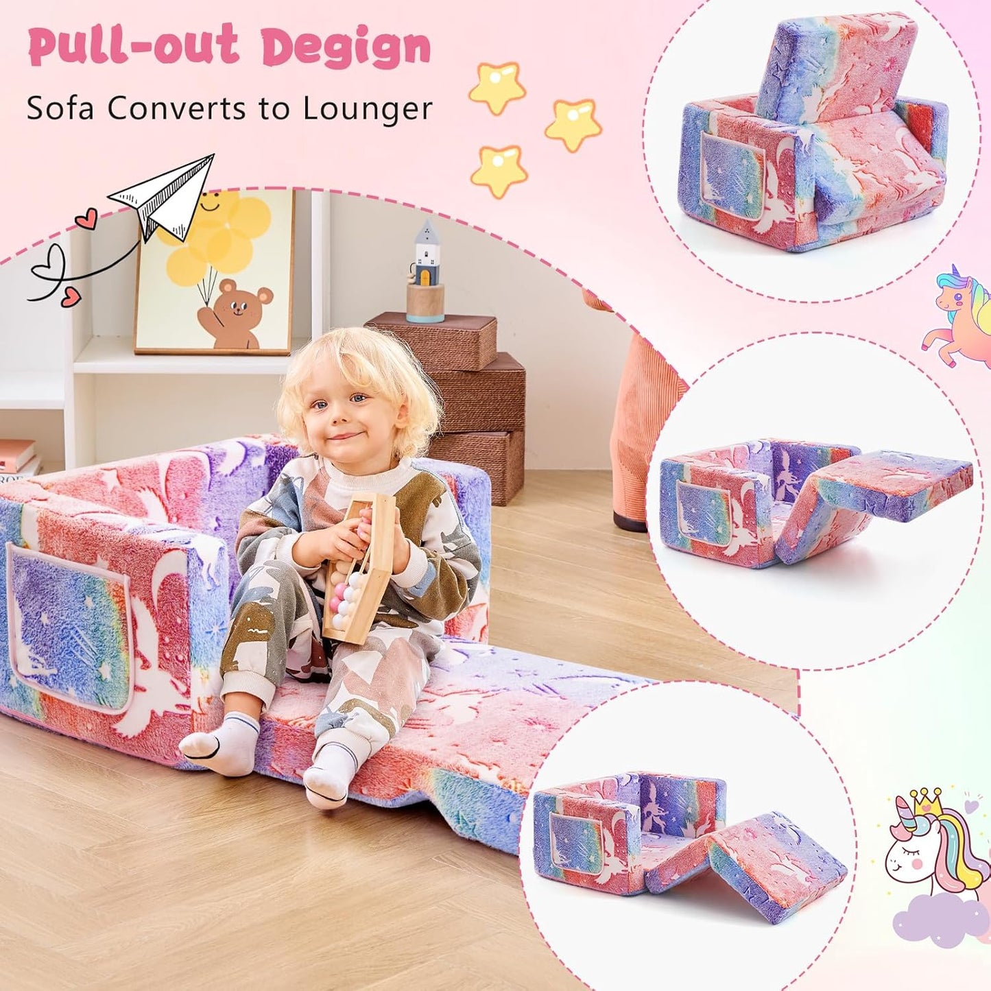 Toddler Chair Comfy,2-in-1 Soft Toddler Couch Fold Out for Kids,Convertible Sofa to Lounger,Gift for Girls and Boys Birthday,Elf,Medium