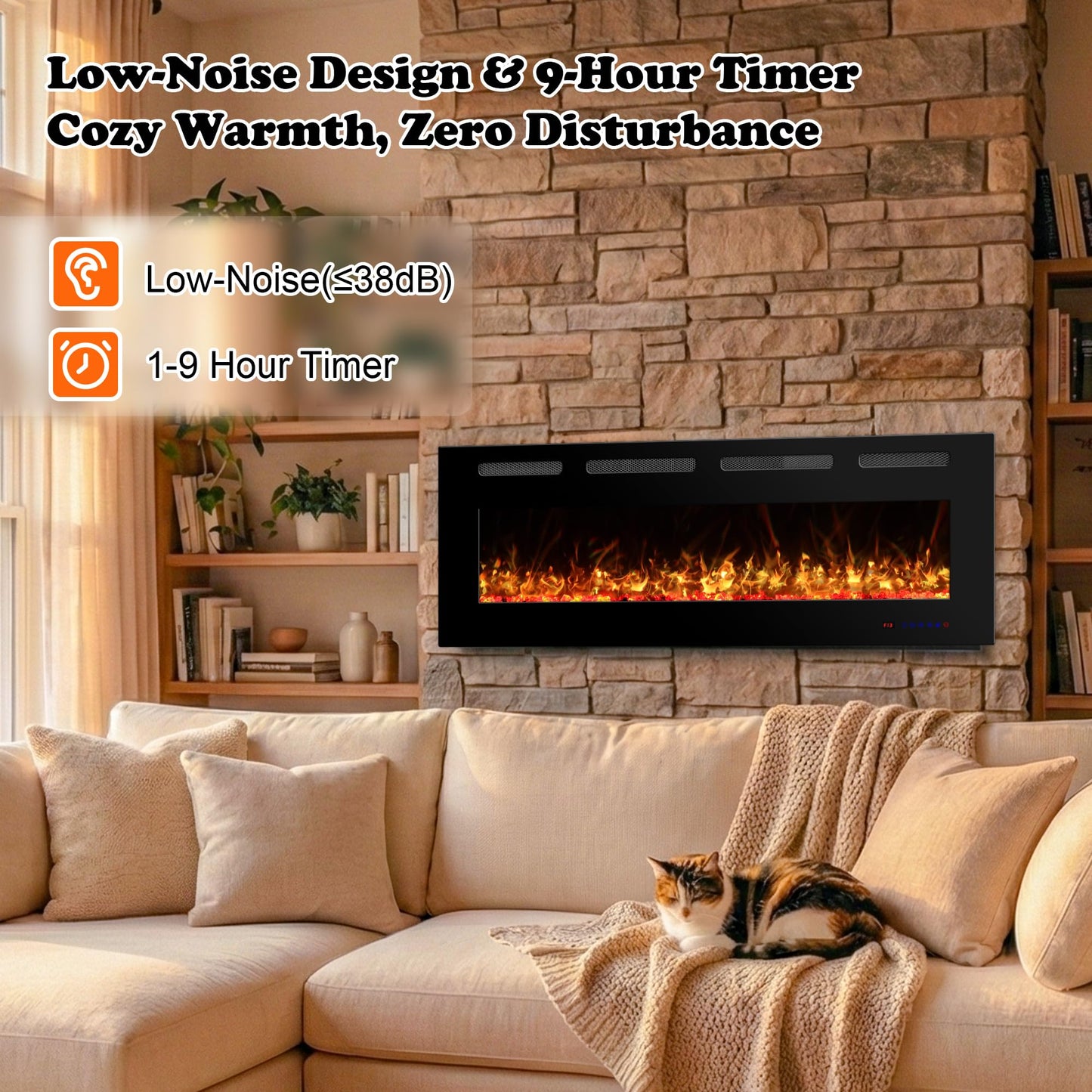 42 in Ultra Thin Electric Fireplace Insert with Remote Control 13 Flame&Flue Bed Colors, Overheat Protection and Thermostat, Low Noise Recessed&Wall Mounted Slim Fireplace Heater Chiminea with Dimmer