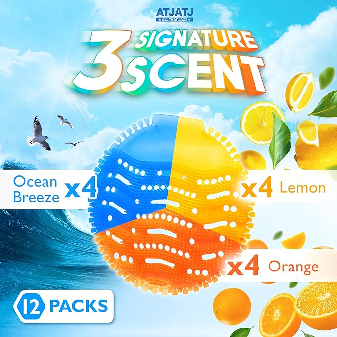 12 Packs Urinal Screen Deodorizer, 3 Fresh Scents, Ocean Breeze, Lemon, Orange, Splash Guard Odor Protection Deodorizer, Urinal Cakes, Urinal Pads Ideal for Men in School, Bathroom, Restroom, Office