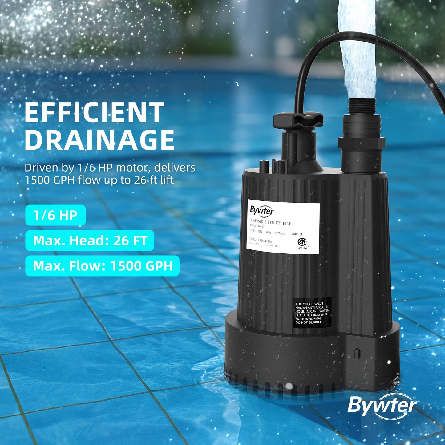 Bywter 1/6 HP Submersible Water Pump, 1500 GPH Sump Pump with Thermoplastic Housing, 115V Portable Electric Water Pump with 10 Ft Cord for Basement, Yard, Boats and Pool Covers