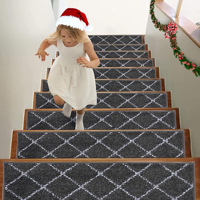 BEQHAUSE Stair Treads for Wooden Steps Polyester Soft Stair Runner Self-Adhesive Stair Rugs Non Slip for Dogs and Kids with TPE Backing 28inX9in Washable Stairs Carpet 4pcs,Dark Grey