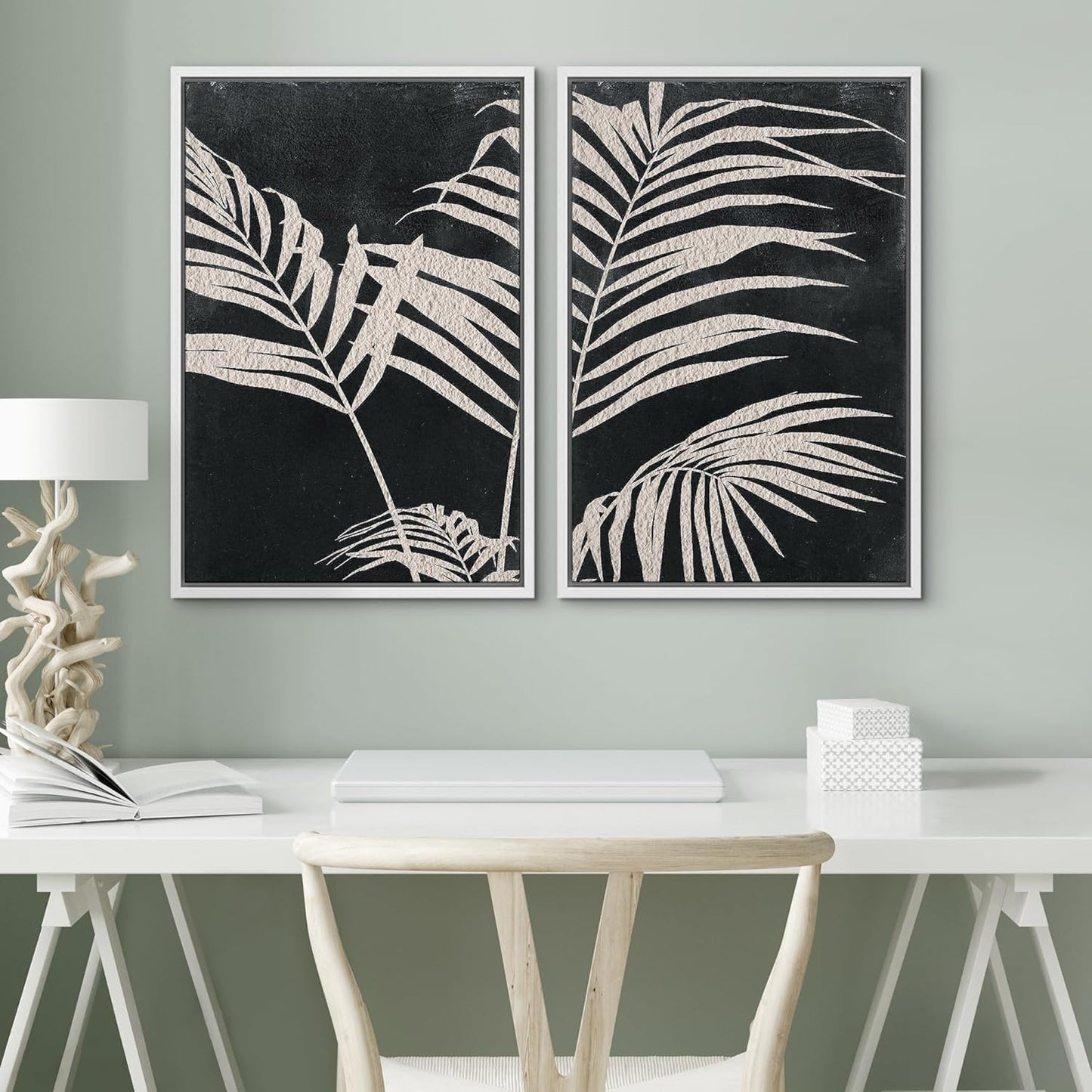 SIGNWIN Framed Canvas Print Wall Art Palm Leaf Print, Minimalist Wall Art, Black White Wall Art Prints for Living Room, Bedroom, Office - 24"x36"x2 White
