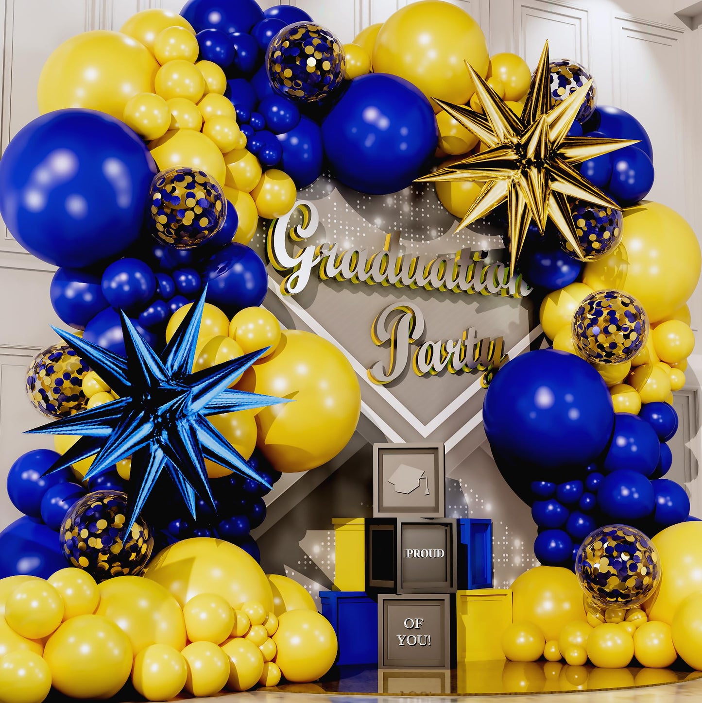 ALL-IN-1 Blue and Yellow Balloon Arch Kit with BONUS 2x Starburst Balloons - Yellow and Blue Balloons for Blue and Yellow Party Decorations, Graduation, Ucla Party, Club America Party Decorations