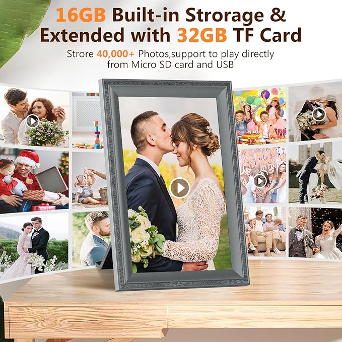 Digital Picture Frame WiFi Grey Send Photos from Phone16GB Storage Smooth System 10.1inch 1280x800 IPS Touch Screen Digital Photo Frame Auto-Rotate Wall Mountable