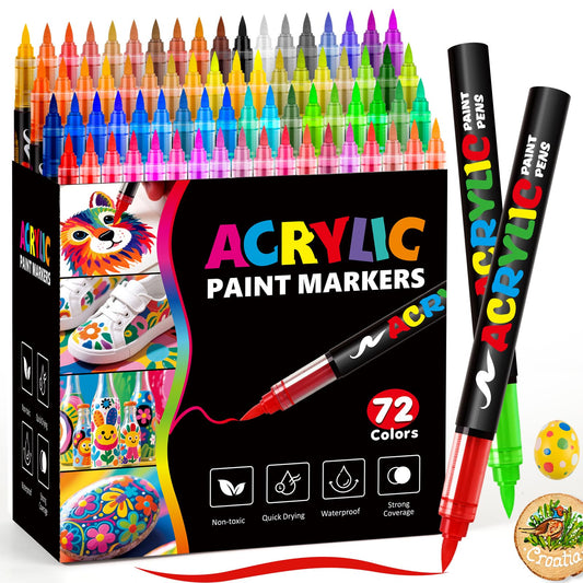 Bstoyder 72 Colors Acrylic Paint Markers, Soft Brush Tip Pens and Markers, Water-Based Acrylic Paint Pens for Wood, Stone, Canvas, Glass, Fabric, Egg, Rock Painting and DIY Crafts Art Supplies