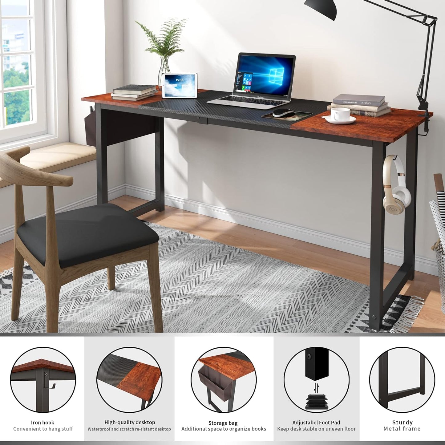 Decoholic 63 Inch Home Office Computer Two-Color Panel Desk with Storage Bag and Hook, Black, Sandalwood Color, Industrial Modern Laptop Desk
