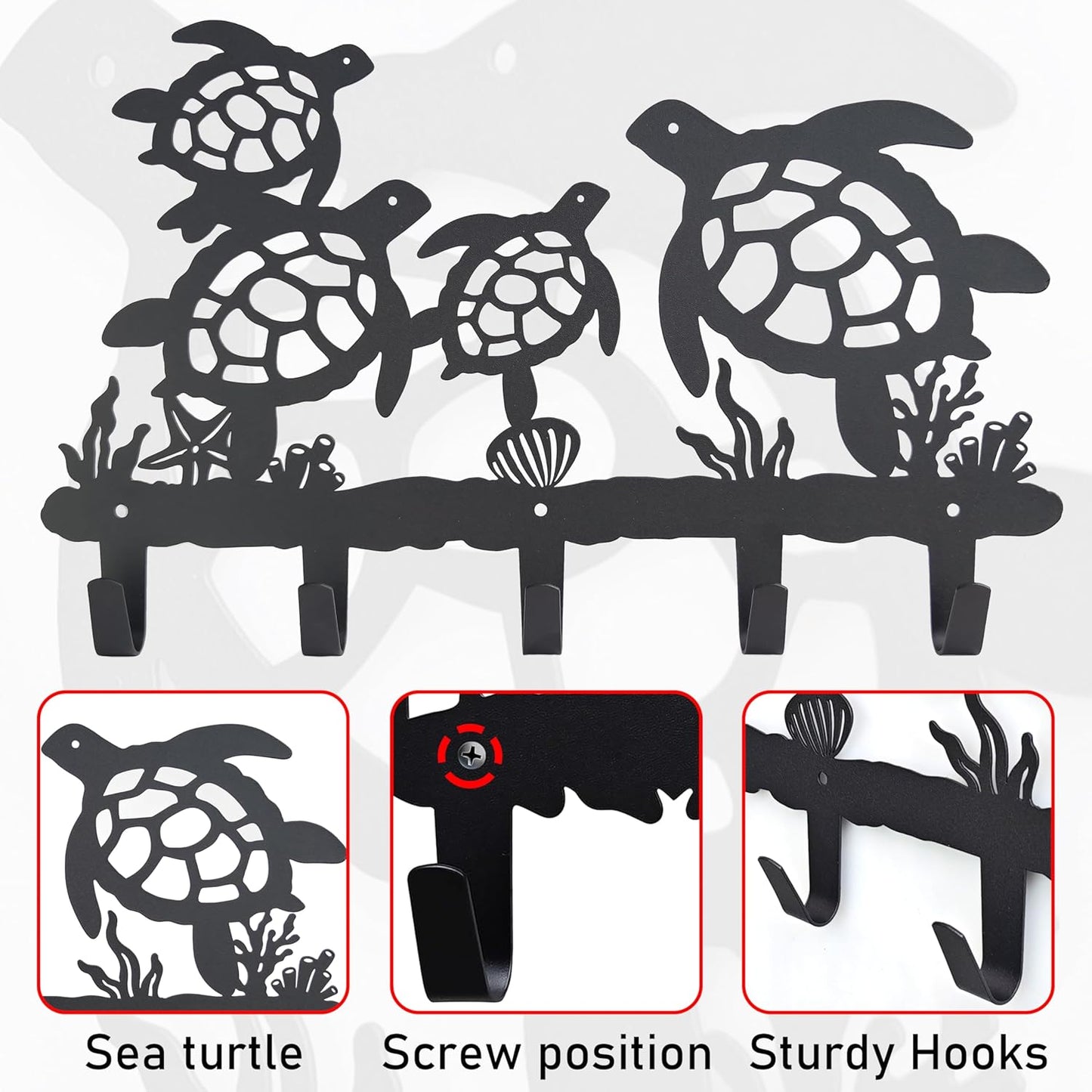 Metal Sea Turtle Coat Hooks Wall Mount-Sea Turtle Hangers and Key Holder-Clothes Hat Rack and Backpack Hanger Decor for Storage, Living Room, Hallway, Office Gift (Black)