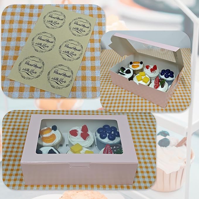 Cupcake Boxes 6 Count, Disposable Cupcake Containers, Food Grade Carrier with Window and Inserts for Cupcakes Muffins Cookies Pastries Donuts (Pink, 30 Pack)