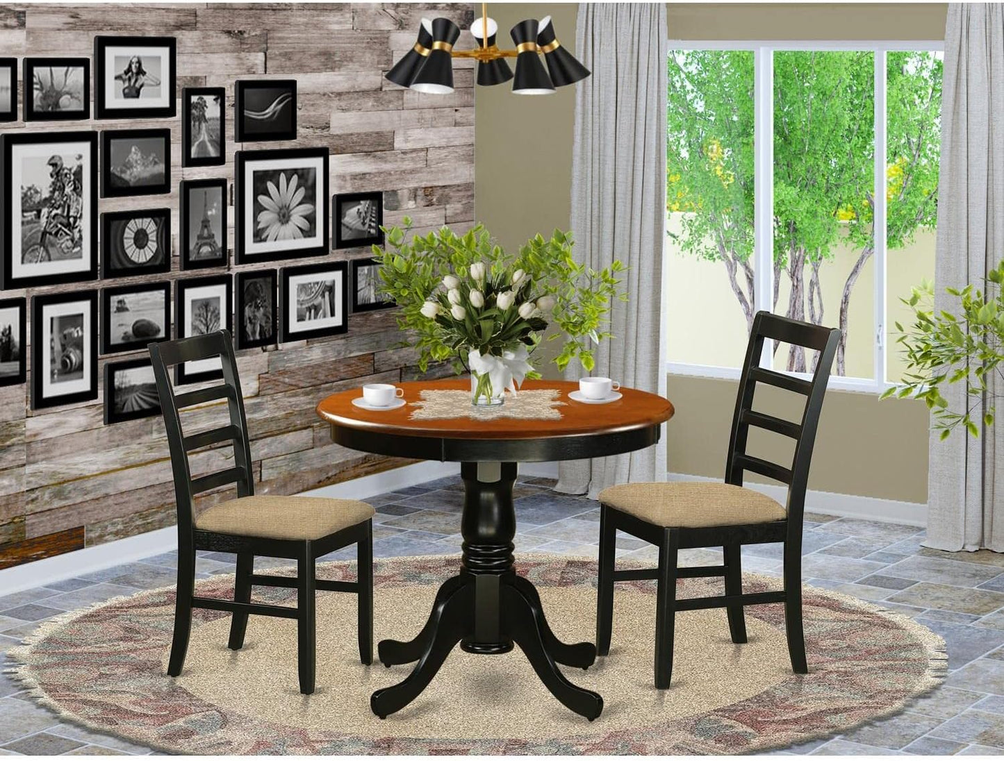 East West Furniture ANPF3-BLK-C 3 Piece Kitchen Table & Chairs Set Contains a Round Dining Room Table with Pedestal and 2 Linen Fabric Upholstered Chairs, 36x36 Inch, Black & Cherry