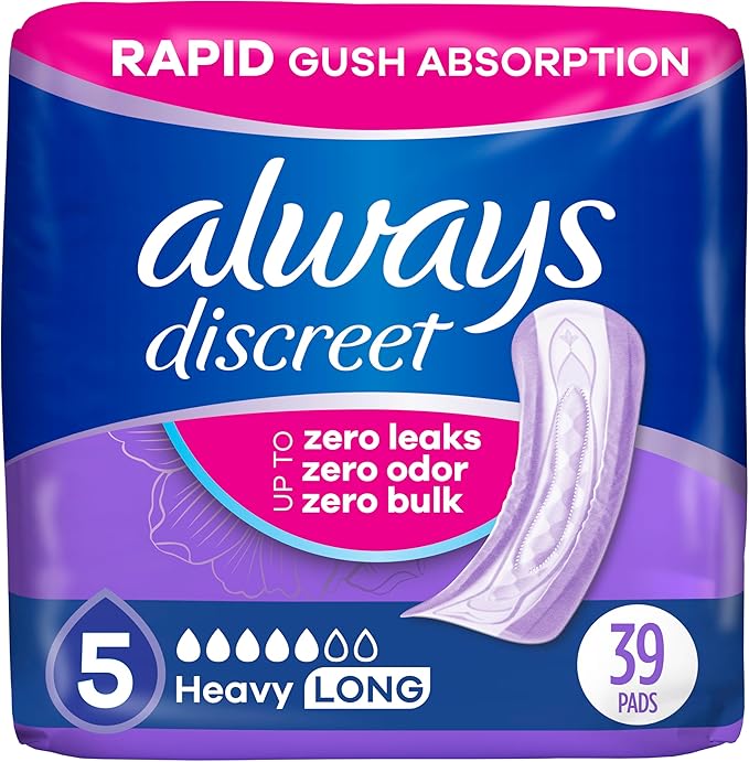 Always Discreet Adult Incontinence Pads for Women, Heavy Absorbency, Long Length, Postpartum Pads, 39 Count