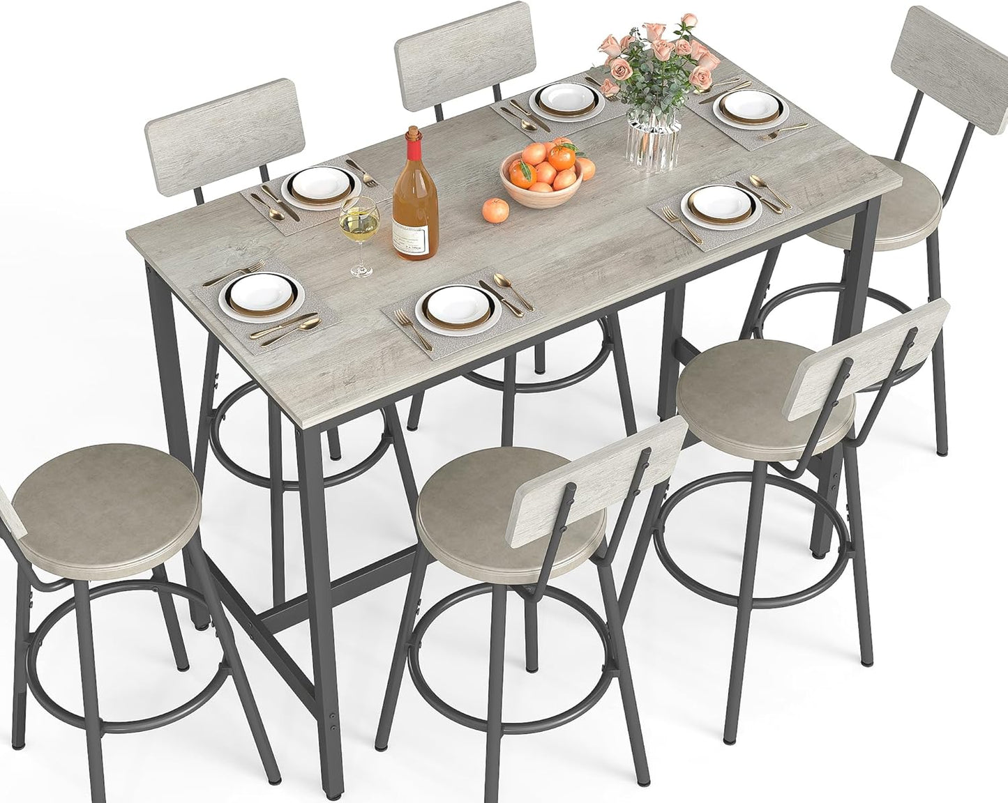 Rovibek Dining Table Set for 6, Bar Table and Chairs Set, Modern 6 Piece High Top Table and Chairs, Industrial Bar Height Pub Tables for Kitchen, Dining Room, Grey