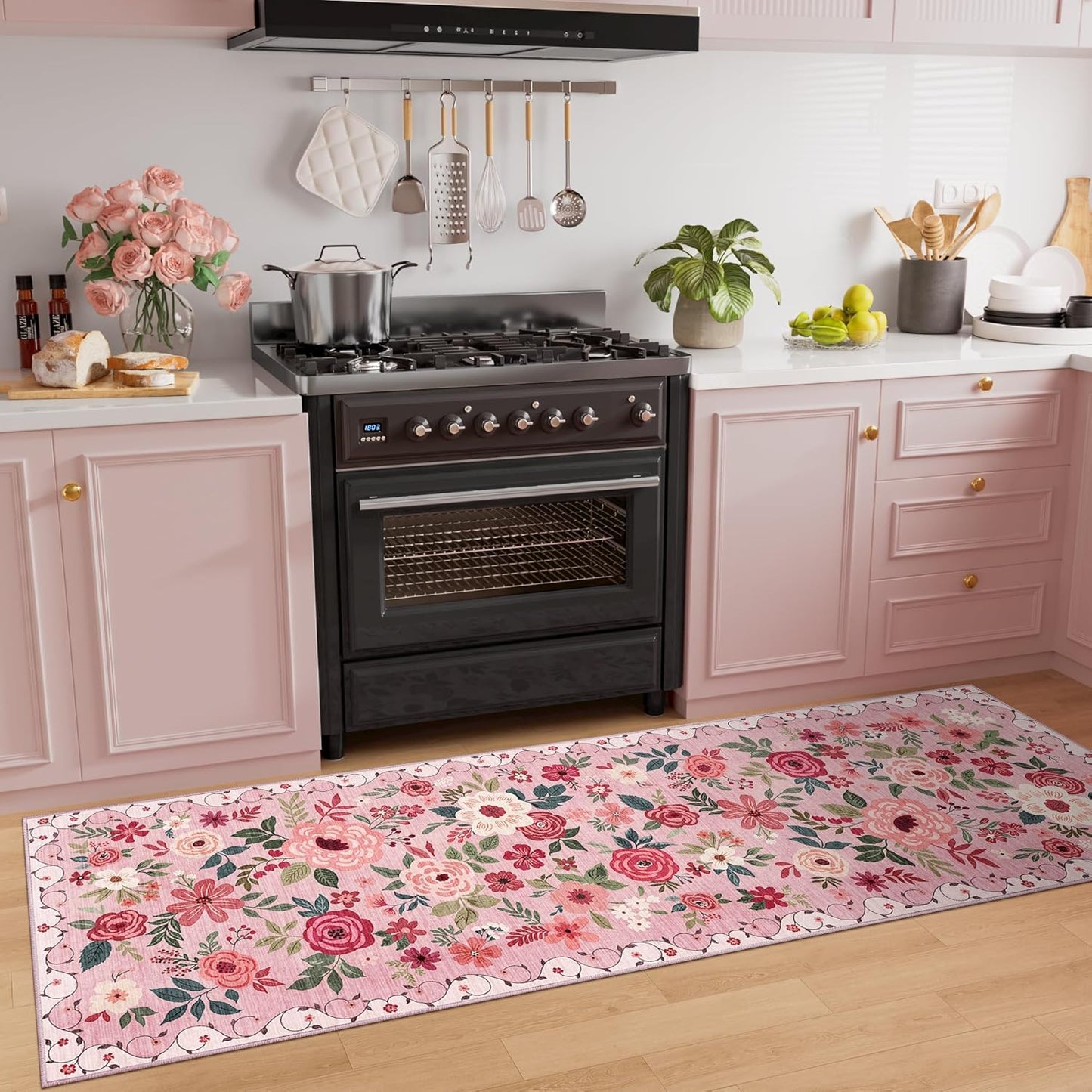 DUKINO 2x6 Kitchen Runner Rug for Hallway, Washable Runner Rug with Non Slip Backing, Low Pile Soft Boho Floral Carpet for Girls Room, Kitchen, Entryway, Laundry, Bedroom, Pink
