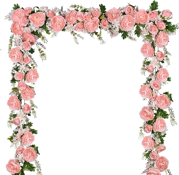 DearHouse 2Pack Artificial Peony Flower Garland - Silk Peony Garland with Pink Flowers for Wedding Party Table Decoration,6ft/Strand