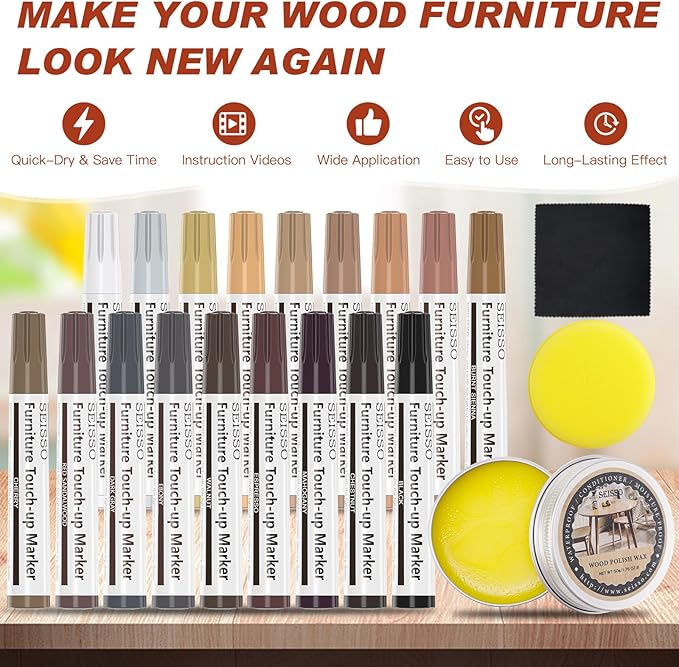 Furniture Repair Kit Touch Up Markers, 18 Colors Wood Repair Markers Set with Polish Wax, Wood Repair Pens for Scratches, Stains, Tables, Faded, Cabinet, Floors, Bedposts