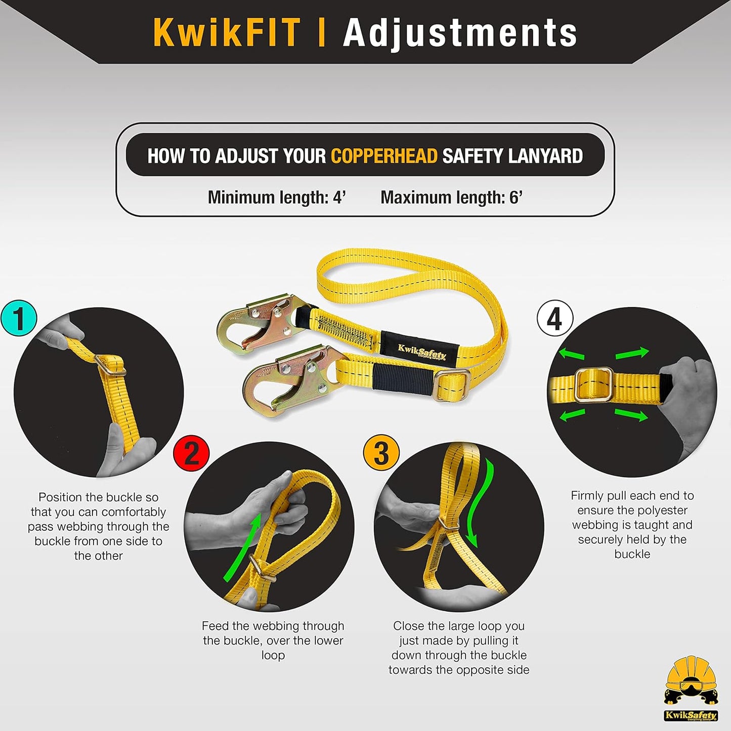 KwikSafety Positioning Lanyard - 4' to 6' Adjustable, No Shock Absorber, ANSI/OSHA Rated for Tree Climbing, Roof Work, Safety Harnesses - Copperhead