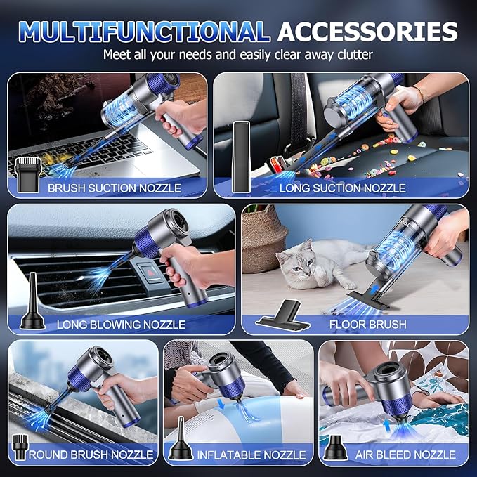 JONYJ Handheld Car Vacuum Cleaner Cordless, 16000PA Hand Held Vacuum Portable, 2 in 1 Air Duster and Mini Vacuum Cleaner Rechargeable with Led, Multi-Nozzles & Washable Filters for Home Office Car Pet