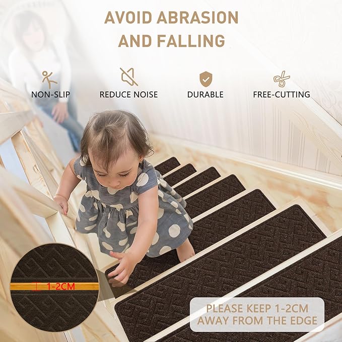 Stair Treads for Wooden Steps, 8" X 30" Non Slip Stair Runner Carpet Indoor with Reusable Adhesive Backing, Soft Tread Mat for Stairs, Ideal for Home, Polyester TPR Backing Stair Rugs-Brown 15 Pack