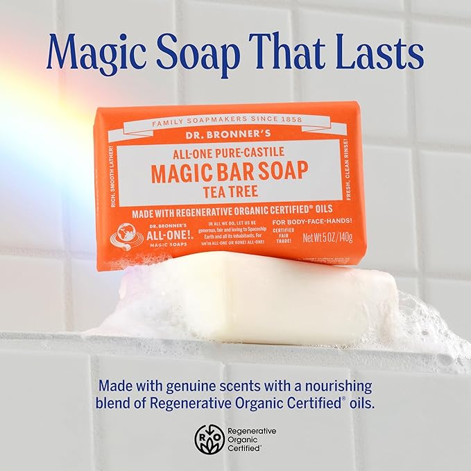 Dr. Bronner's Pure-Castile Magic Bar Soaps - Made with Regenerative Organic Certified Oils - For Face, Body, Hair- Vegan Soap Bars for Men & Women - Tea Tree, 2 pack, 5 oz