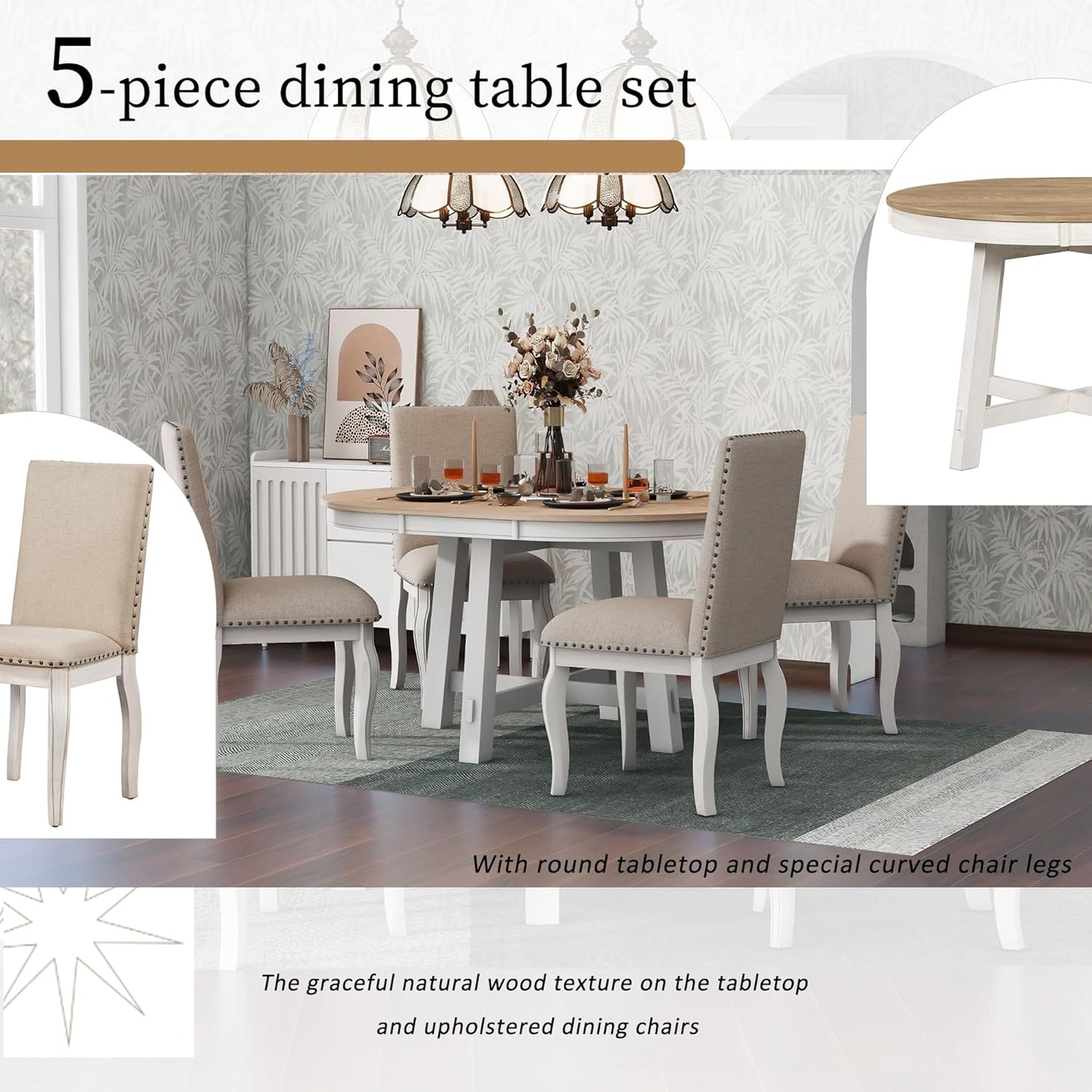 Ball & Cast 5 Piece Dining Table Set with 4 Upholstered Curved Legs Chairs,Living Room Furniture W/ 43" Round Extendable Desk,for Restaurant,Home Bistro,Oak Natural Wood + Antique White