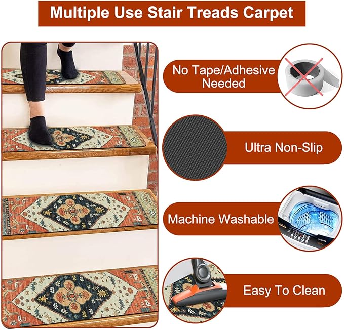 OJIA Extra Non-Slip Carpet Stair Treads for Wooden Steps Set of 4, 30"X8" Rubber Indoor Stair Runner Slip Resistant Stair Rugs Safety Mats for Dogs, Kids & Elders, Stairway Grip Step Treads
