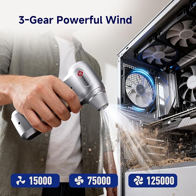 Cordless Electric Air Duster 125,000 RPM - Rechargeable Compressed Air Blower for PC, Keyboard, Electronics, Car & Home Cleaning - Includes 5 Nozzle