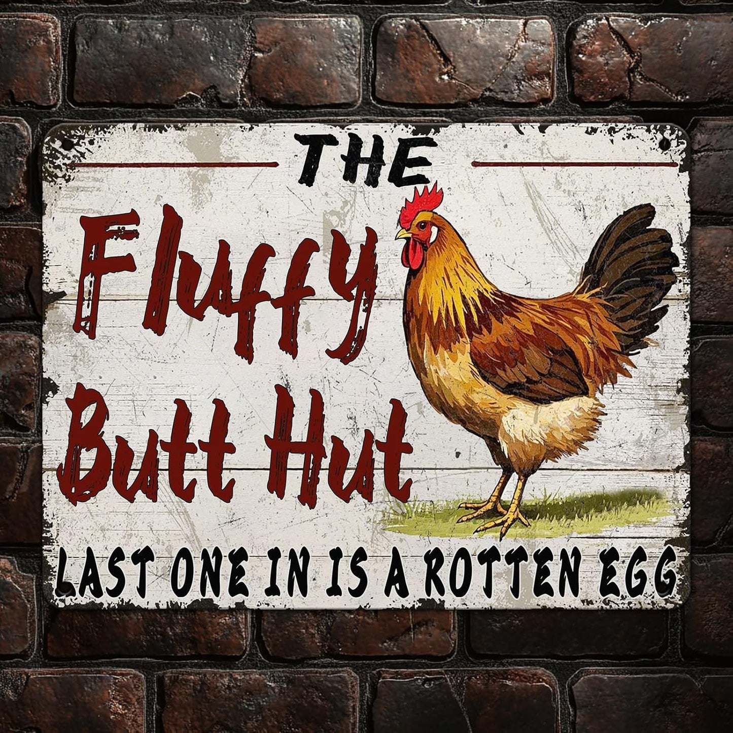Funny Chicken Coop Metal Tin Sign 12x8 Inch Fluffy Butt Hut Last One In Is A Rotten Egg Chicken Tin Sign Chicken Coop Poster Home Kitchen Garden Bar Restaurant Coffee Are Wall Decor