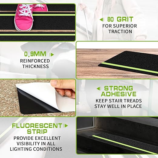 LadyRosian Outdoor Stair Treads Non Slip 15-Pack Black Glow 6" x 30" - Weather Resistant Adhesive Heavy Grip Tape - Waterproof Anti Skid Strips- Glow in The Dark 80-Grit Adhesive Treads