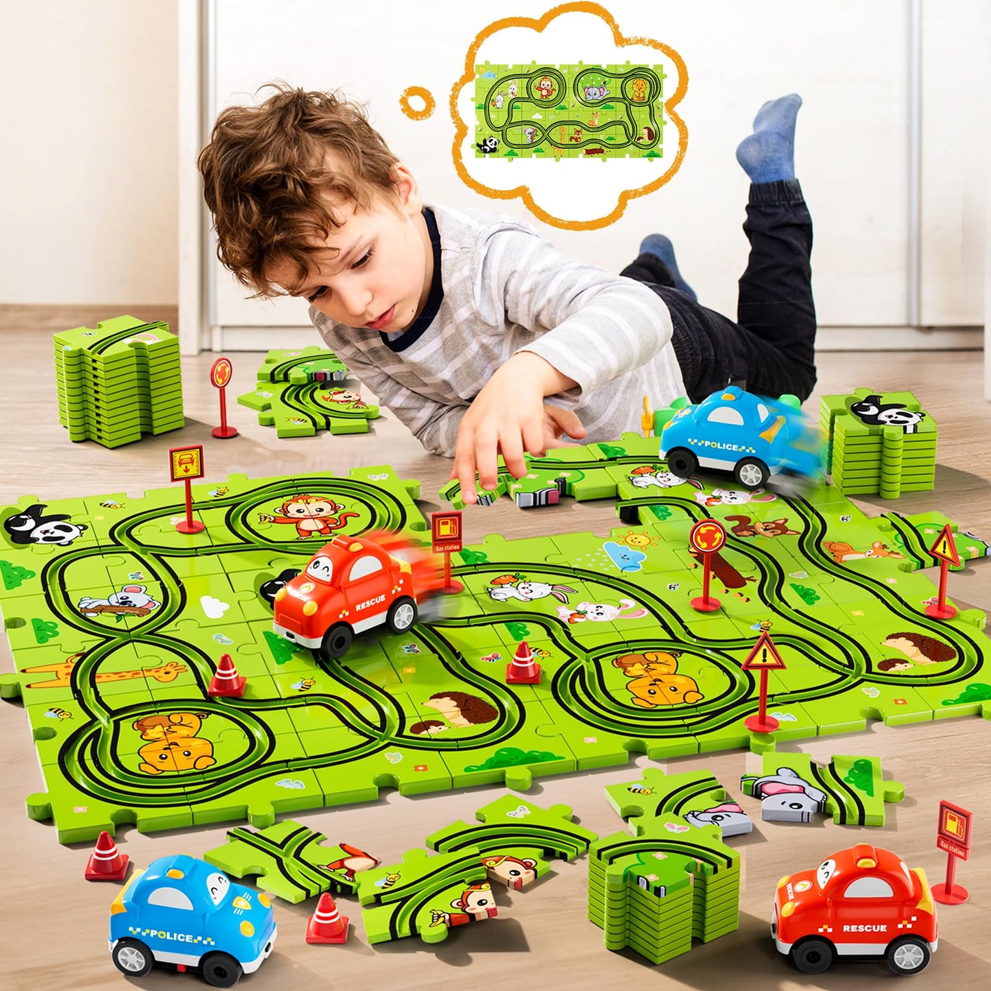 Beby Buty 48PCS Puzzle Race Track Car Set Toys for Kids Boys, Floor Puzzle Car Tracks for Boys Ages 3-5 4-6, Toddler Toys Gifts for 3 4 5 Year Old Kids, Ideal 3 4 5 6 Year Old Birthday Gifts