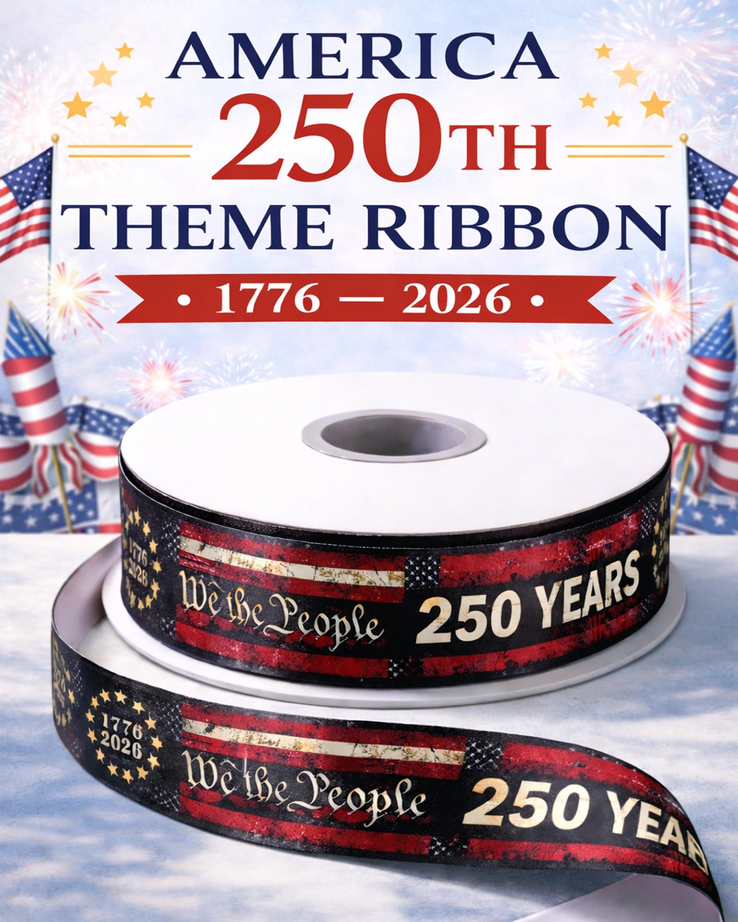 Gleamagic 25 Yards Patriotic Ribbon 1 Inch - America 250th Anniversary Non-Wired Satin Ribbon with We The People Print, Soft Fabric for Hair Bows, Gift Wrapping, Veterans Day & July 4th Party Supplies