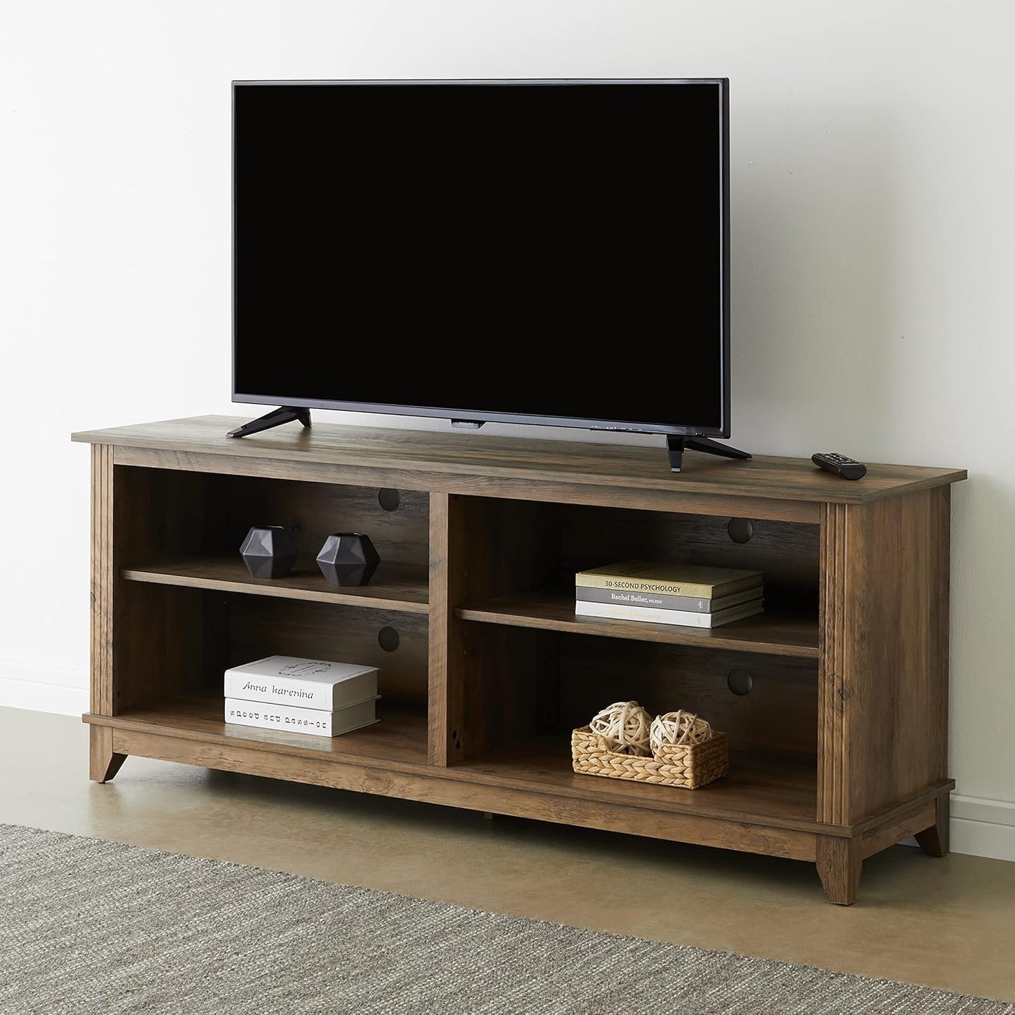 ROCKPOINT 58inch TV Stand Media Console for TV’s up to 65 Inches, Home Living Room Storage Console, Entertainment Center with 4 Open Storage Shelves, Modern TV Console Table (Rustic Oak)