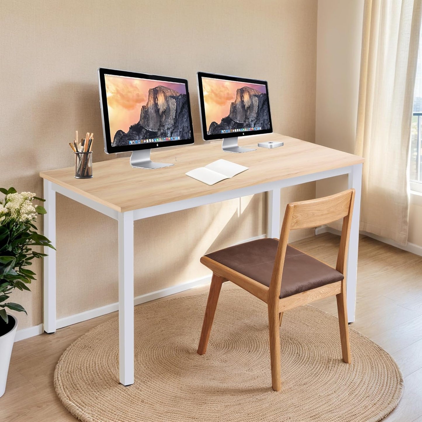 55 inch Large Computer Desk Wood, Modern Simple Style Desk for Home Office, Bedroom, Study Student Writing Desk, Small Spaces, White Metal Frame, Apple Wood Grain Top