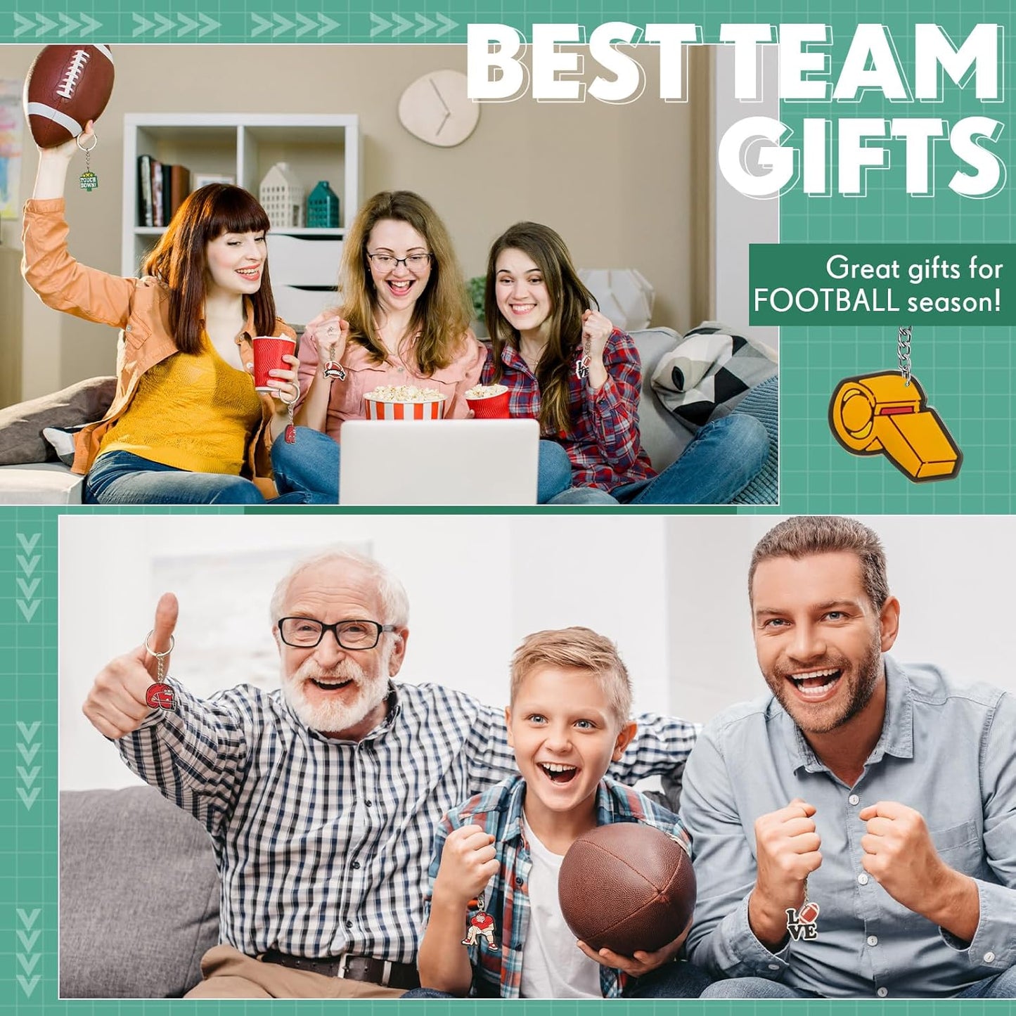 Batiyeer 36 Pack Football Keychains Bulk Party Favors Sports Ball Key Chains Funny Keyring Gifts for Birthday Supplies