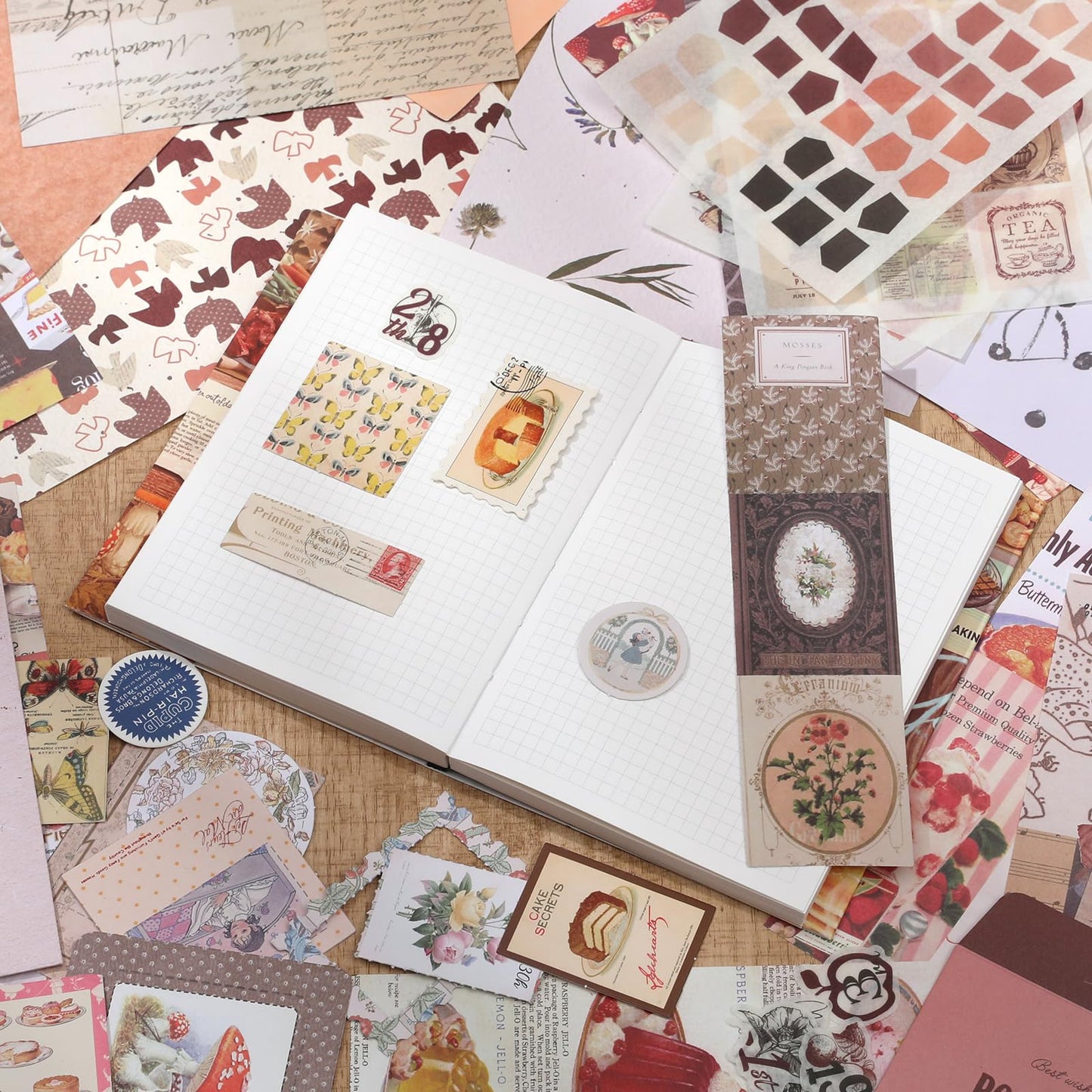 Upgraded Scrapbook Photo Album Supplies Kit with Tweezers and Glue Tape – Vintage Aesthetic Junk Journal Kit, Large Scrapbooking Paper, Sticker Pack, Notebook, DIY Craft, Gift for Adults (Goodtime)