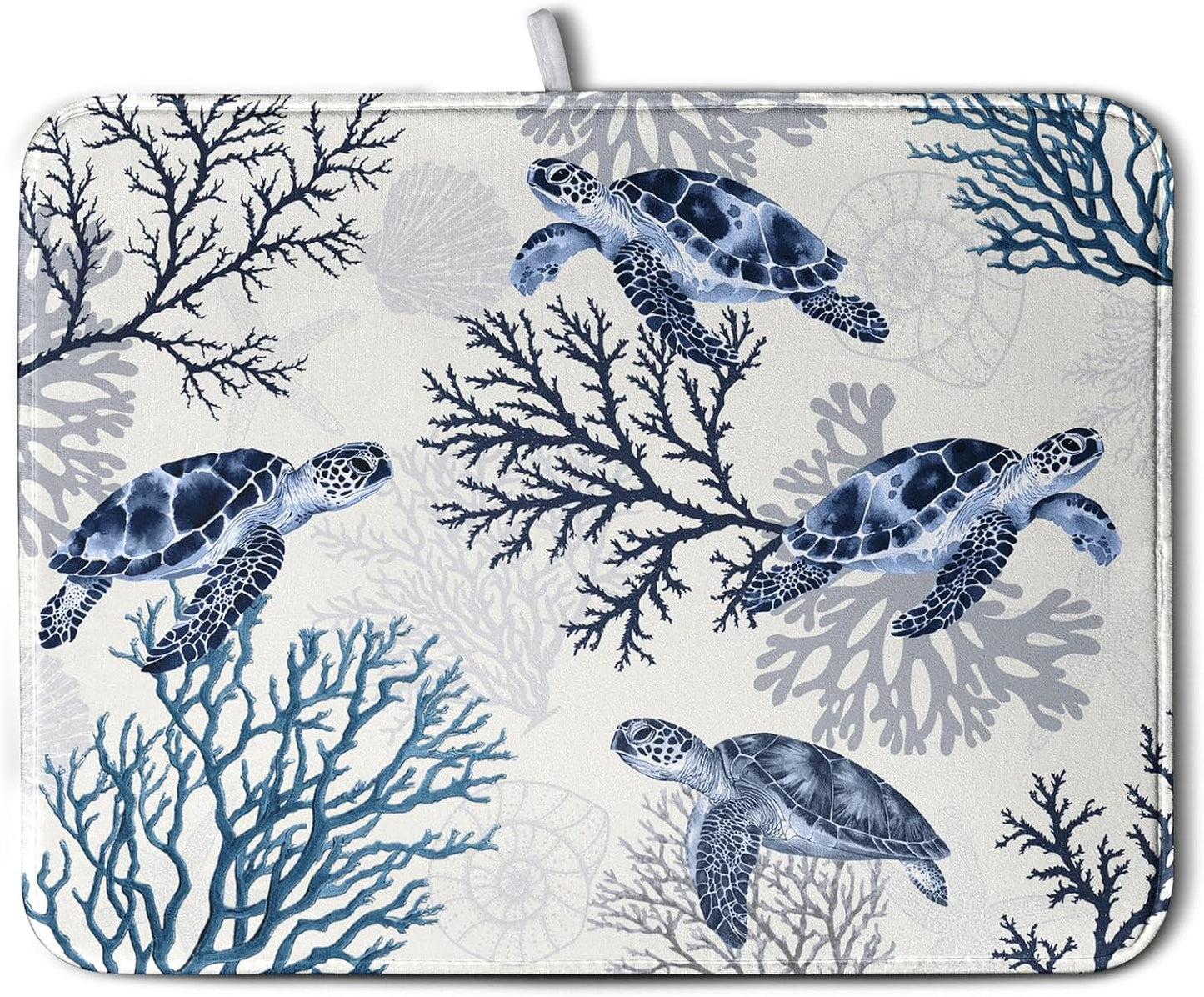 Summer Nautical Coastal Dish Drying Mat for Kitchen Counter Ocean Coral Sea Turtle Drying Rack Mats Beach Blue Dishes Drainer Mat Absorbent Microfiber Large Dish Draining Pad 18x24 Inch
