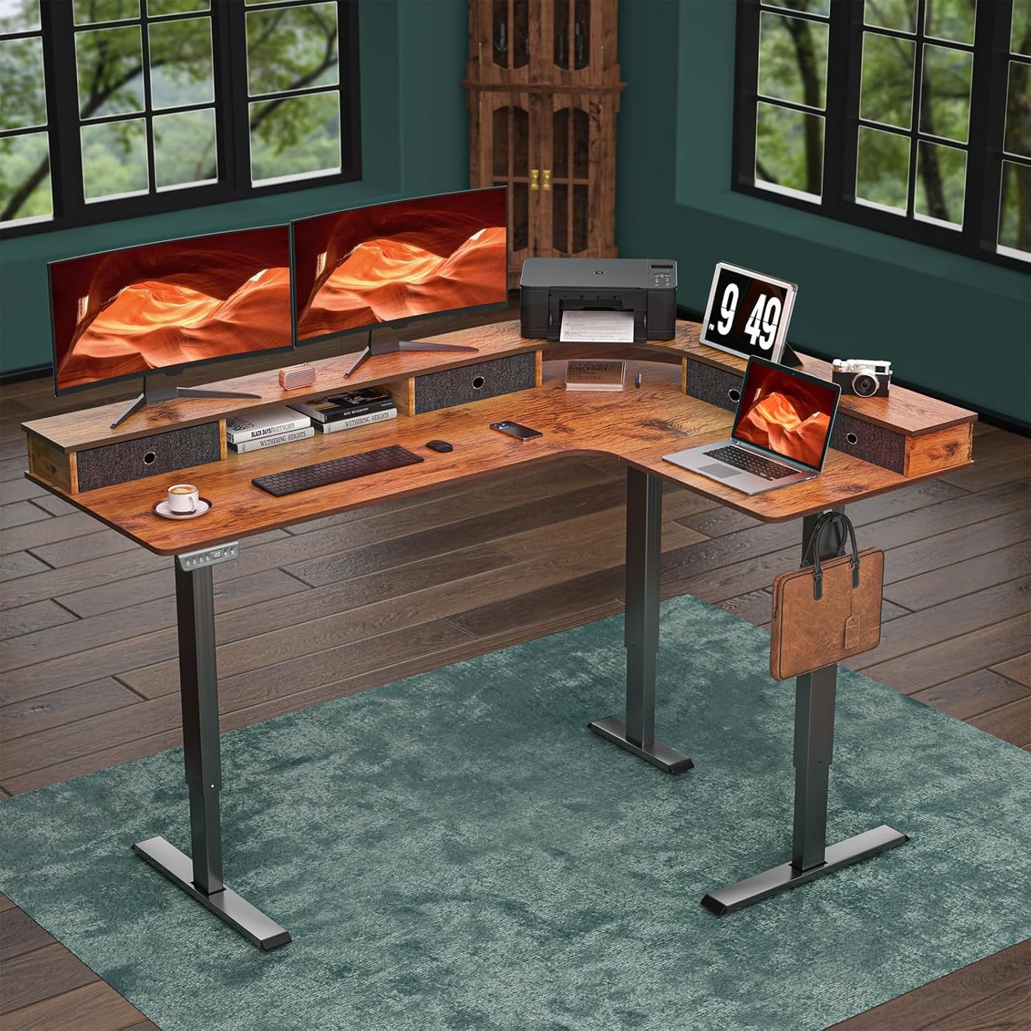 L-Shaped Electric Height Adjustable Desk, 67-inch Reinforced Motor Office Desk with Drawers & Monitor Stand, Ergonomic Design for Healthy Posture, Home Study Gaming, Max load 330 lbs, Retro Brown