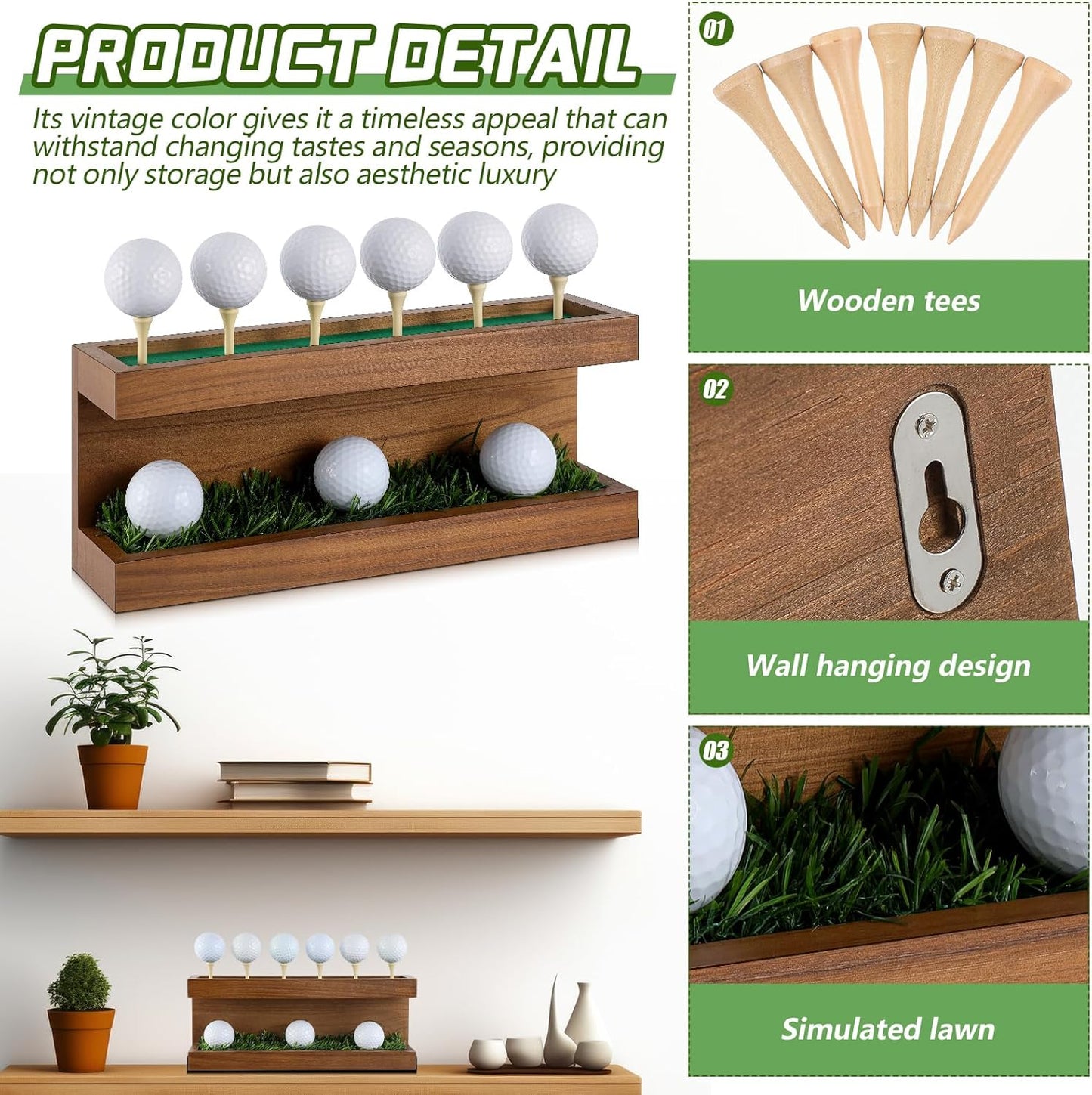 Menkxi Rustic Wood Golf Ball Holder 12.5 x 3 Inch Wall Mounted Vintage Display Stand Floating Shelf with Golf Tees for Christmas Storage Party Decor Supplies