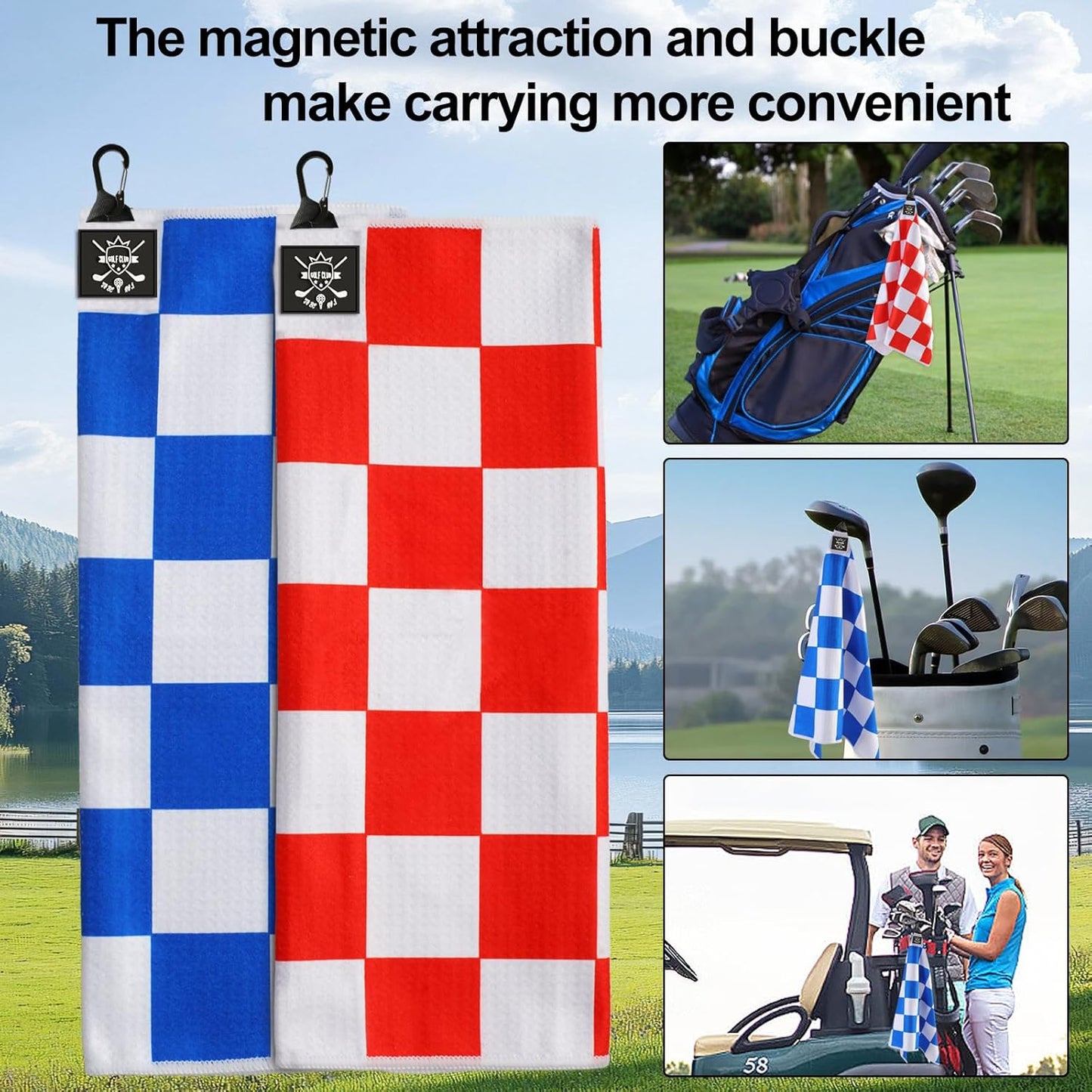 2 Pack 24"x16" Magnetic Golf Towels - Premium Waffle Pattern, with Magnet & Carabiner Clip for Golf Bags, Carts & Clubs. Essential for Men & Women Golfers - Blue/Blue