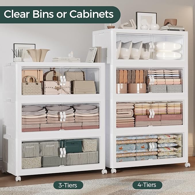 165Gal Stackable Storage Bins with Lid and Wheels, 660QT Plastic Collapsible Storage Boxes with Doors, Closet Organizer and Storage Cabinet for Home Kitchen Office Dorm Room, 3Pack White