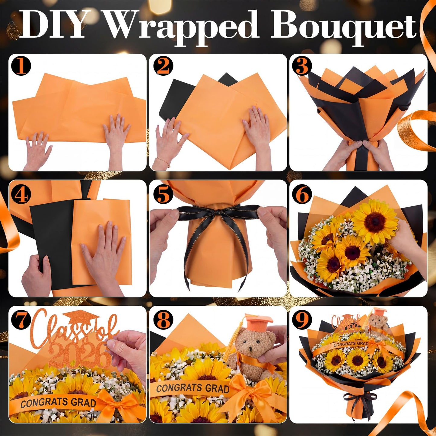Seenelling 80 Pcs Graduation Money Flower Bouquet Wrapping Accessories Kit, 20 Flower Wrapping Paper 50 Sticks 2 Card Inserts 1 Bear 3 Ribbons DIY Crafts Gifts for Graduation Birthday(Orange)