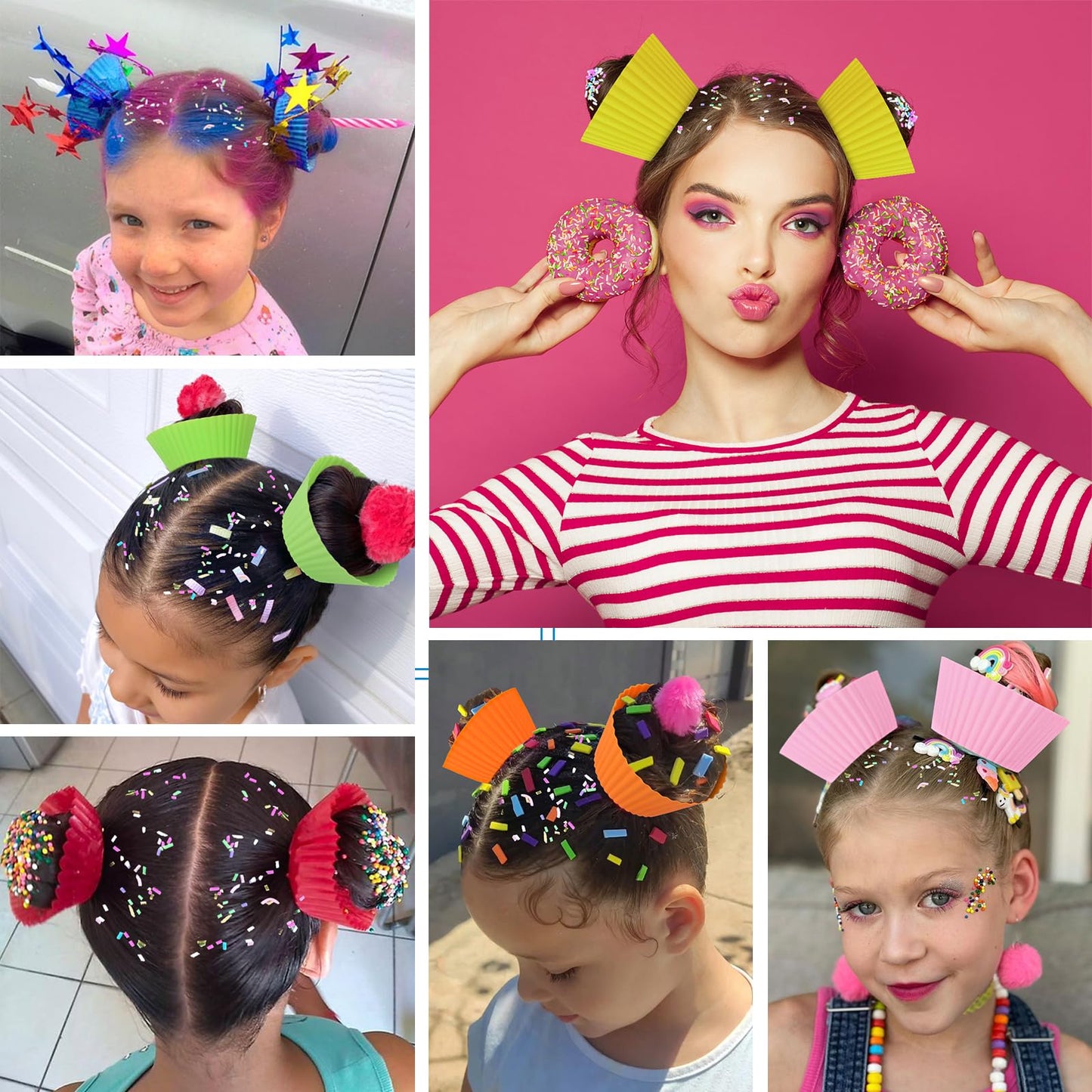 XANGNIER Hair Accessories Kits for Girls,Women,Kids,12 Pcs Cupcake Liners Hair Accessories Decorations for Crazy Day with 12 Clips and Silicone Decorative Granules