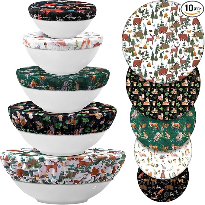 Patelai 10 Pcs Bowl Covers Reusable in 5 Size Stretch Cloth Fabric Elastic Food Storage Bowl Covers Bread Sourdough Lids for Proofing Food Fruits Leftover(Black, White, Brown, Green,Animal Style)