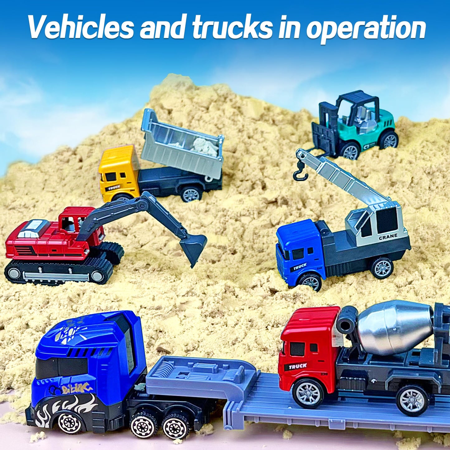 9 Pack Alloy Construction Truck Toys for 3 4 5 6 7 8 Years Old Boys Truck Vehicles Sand Sandbox Beach Toys Excavator Forklift Bulldozer Friction Powered