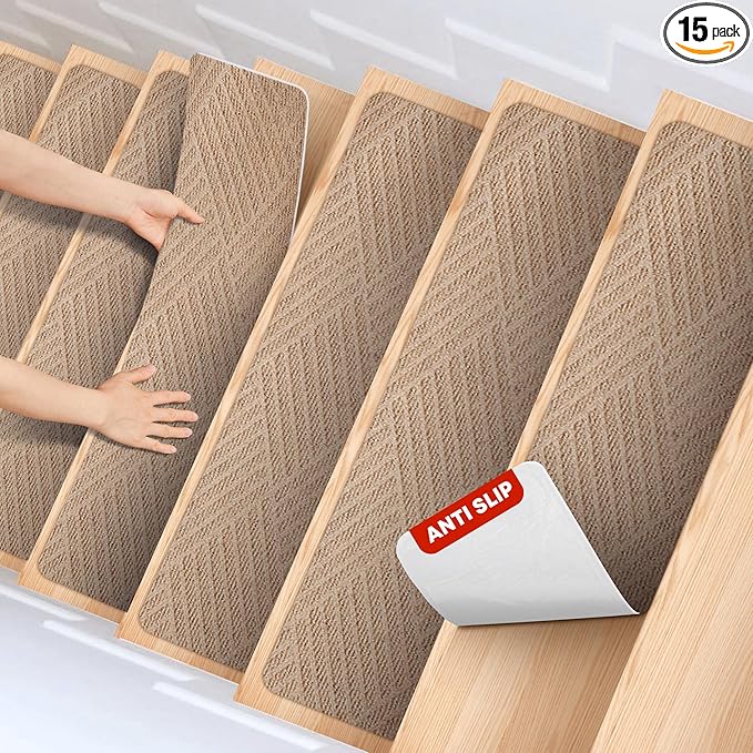 MBIGM 8 X 30inches, 15 in Pack, Non-Slip Carpet Stair Treads Non-Skid Safety Rug Slip Resistant Indoor Runner for Kids Elders and Pets with Reusable Adhesive, Cornstalk Weave