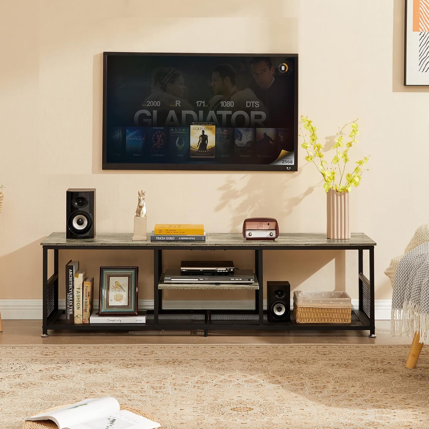 VECELO Industrial TV Stand for Televisions up to 80 Inch, 70" Entertainment Center with Open Storage Shelves for Living Room/Bedroom, 3 Tiers Media Console Table with Metal Frame, Grey, 70 Inches