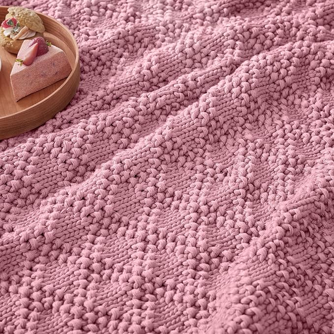 Knitted Weighted Blanket for Adult, Chunky Knit Weighted Throw for Sleep 40"*60" 7lbs, Cooling Breathable Heavy Blanket for Hot Sleepers, Machine Washable Blanket for Room Decor(Pink)