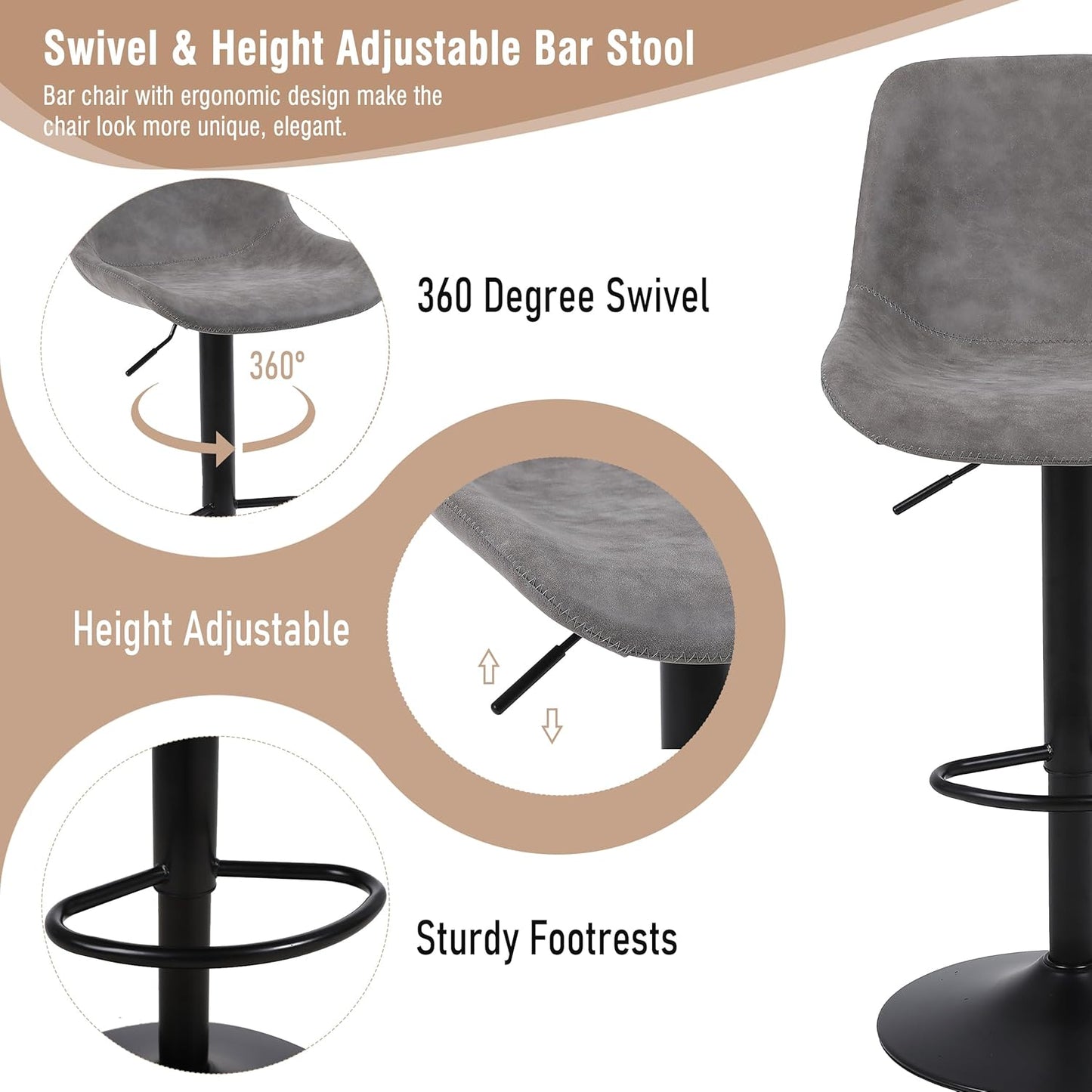 Bar Stools, Swivel Counter Height Barstools with Back, Adjustable Modern Bar Chairs, Tall Armless PU Leather Kitchen Island Stool (Grey, Set of 1)