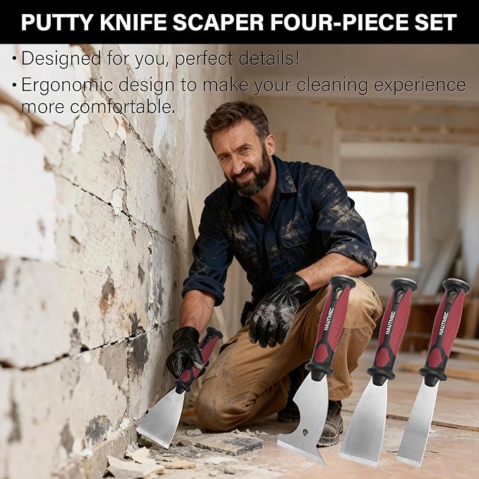 HAUTMEC Putty Knife 4 PC Set, 1.25",2",3" Paint Scraper & 3" 8-in-1 Paint Stripper, Heavy Duty Stainless Steel Blade and Hammer End for Removing Wallpaper, Plaster, Cement 25060