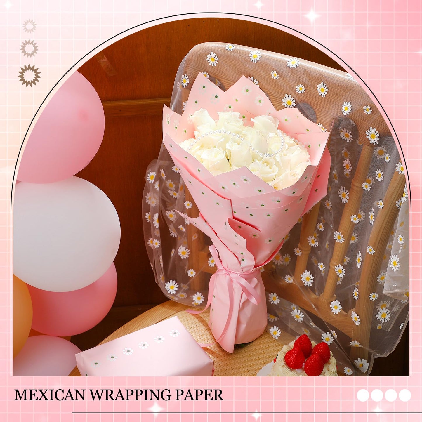 Fullhawl 20 Sheet Mexican Bouquet Wrapping Paper Flower Bouquet Waterproof De Barro Wrapping Paper for Cielito Lindo Party Baby Shower Mother's Day Floral Gift Wrap DIY Wedding Birthday(Pink)