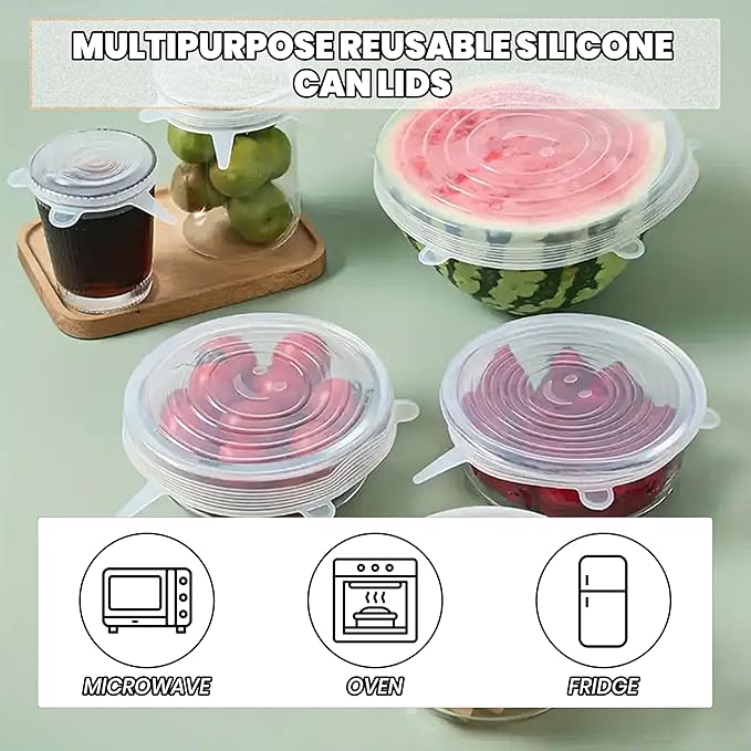 6pcs Silicone Stretch Lids – Reusable Food Covers for Bowls, Cups, Jars, and Containers – Durable, Expandable, Airtight Seal to Keep Food Fresh and Reduce Waste